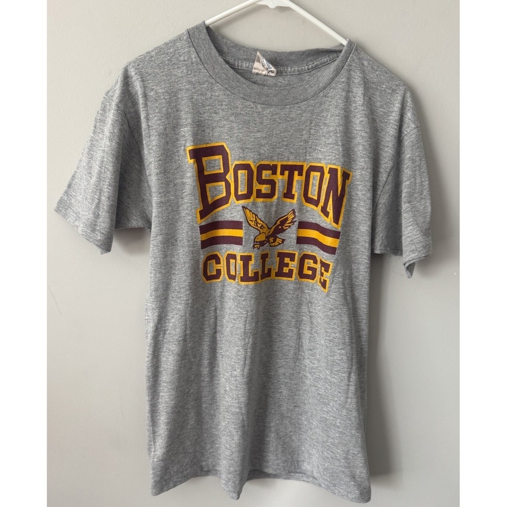 Vintage 80s Boston College Single Stitch T Shirt Grey Healthknit USA Made Sz LG